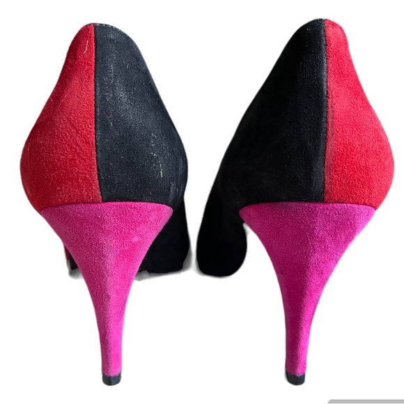 Anne Klein Couture Heels / Vintage 90S / Red Pink Black Colorblock Suede Heels - Picture 6 of 9